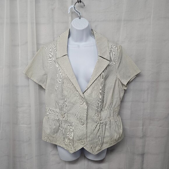 Vintage Gray Pin Striped Y2K 90s Blouse Jacket Shacket Short Sleeve L - Picture 1 of 9